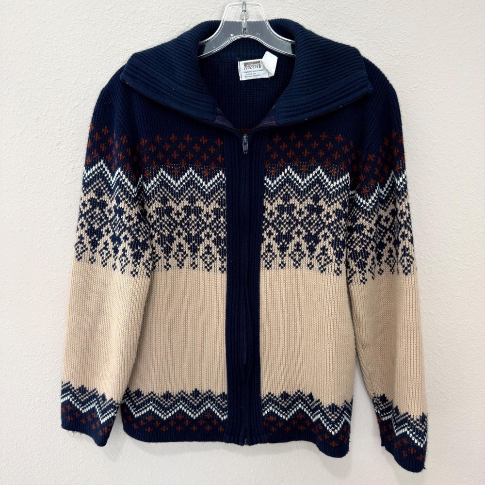 Vintage 70's Montgomery Ward Sweater Mens M Fair Isle Nordic Zip Shawl Collar - Picture 2 of 8